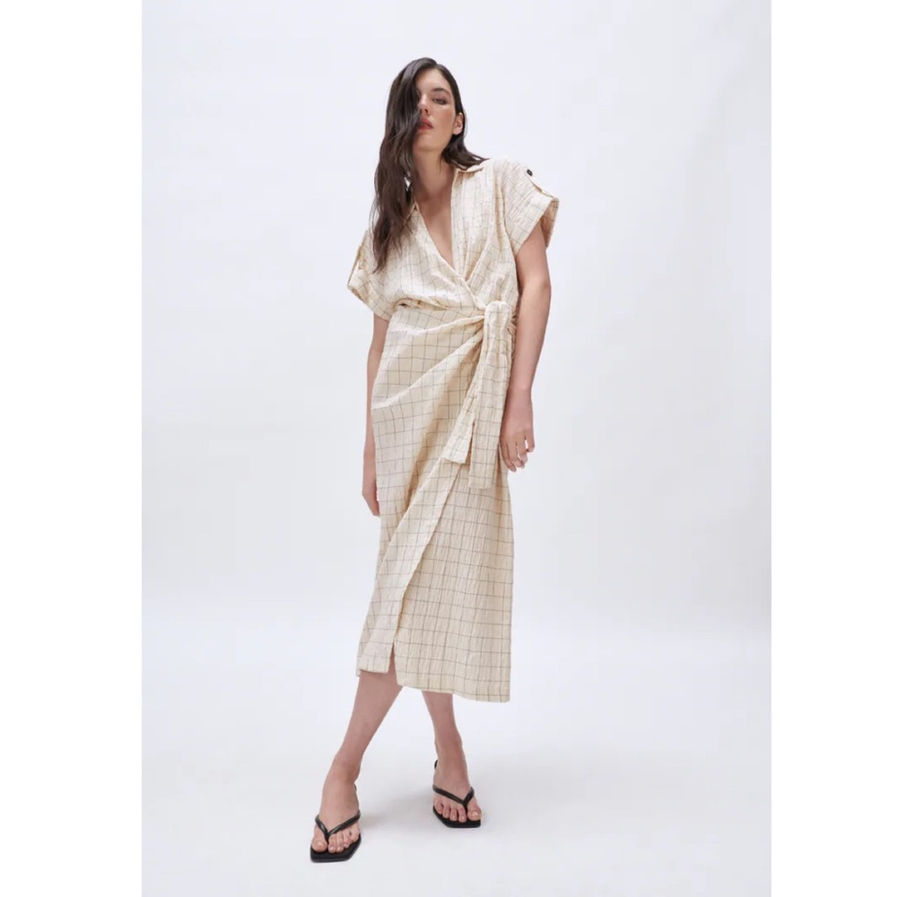 NWT Zara Cotton Checkered Knotted Midi Dress